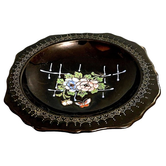 VTG Japanese Pedestal Dish Tashiro Shoten Black Hand Painted Flowers Butterfly - Picture 9 of 10